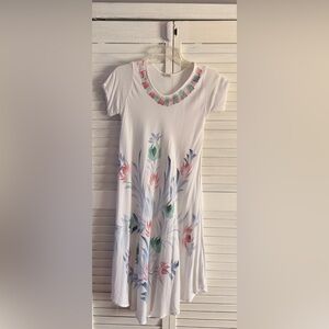 Seven Islands White Scoop Neck Top with Pink & Green Brushstroke Trim